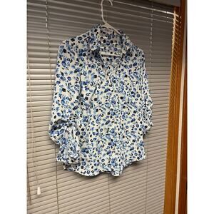Express Portofino Shirt Women’s Small White & Blue Floral Button-Up Blouse